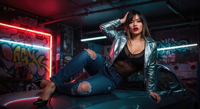 A stylish woman in a silver jacket posing on a car in a garage. Urban fashion portrait with neon lights and graffiti. Edgy cyberpunk and nightlife concept.