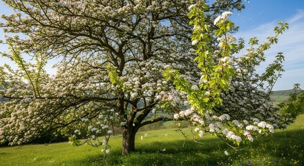 Fototapeta premium Blooming Apple Tree with White Flowers in Sunny Green Meadow Landscape