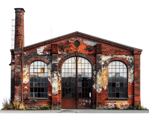 Rustic Warehouse with Single Tall Smokestack, Minimalist Side View, Isolated