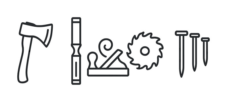 Woodworking tools icons: axe, chisel, plane, saw, nails line art - Powered by Adobe