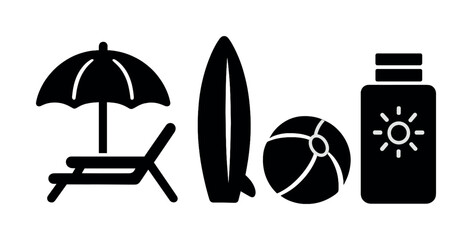 Obraz premium Beach essentials icons: umbrella, surfboard, beach ball, sunscreen bottle