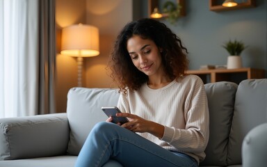 Young freelance business woman sitting on couch sofa using mobile phone application for work remotely, chatting online. Latin hispanic girl holding gadget in apartment home with cozy modern interior