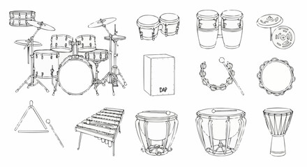 Musical Instruments Set Vector Illustration Line Art Drums Percussion Music
