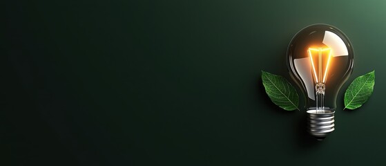 Glowing light bulb with green leaves on dark background symbolizing eco-energy, sustainable innovation, renewable power, and clean technology for environmental responsibility.