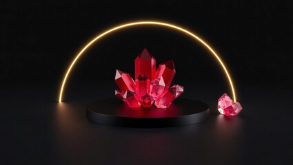 Vibrant red crystal cluster illuminated by a glowing golden arc on a dark background