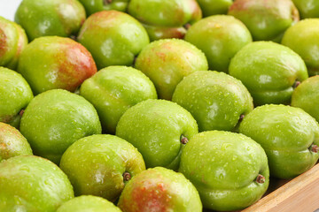 Fresh Green Pears with Red Blush in Wooden Crate - Xinjiang Fruit Display