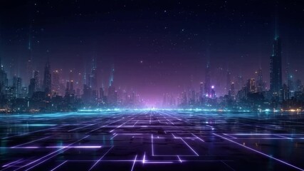 Futuristic cityscape glowing grid floor illuminated skyscrapers starry night vibrant technology neon lights digital grid immersive cyberpunk atmosphere high tech ambiance - Powered by Adobe
