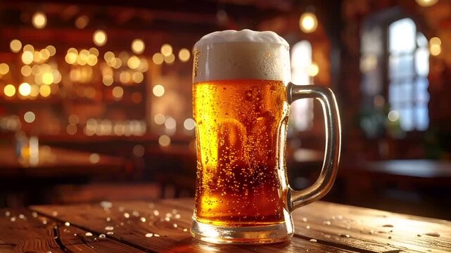 木製テーブルの上に置かれた一杯のフロスティビール。
背景には暖かくぼけたパブのインテリアが広がり、居心地の良い夜の雰囲気を演出します。