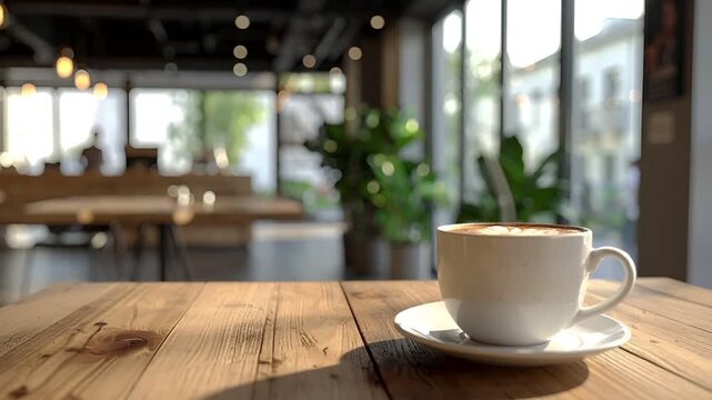 木製テーブルの上に置かれたシングルの陶器カップと、背景に柔らかくぼけたモダンカフェのインテリア。
自然光が差し込み、温かみのある雰囲気を感じさせるシンプルで洗練された構図です。