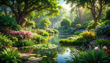 Lush Green Garden Landscape with Pond and Blue Sky Summer Day in Park