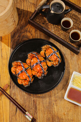Fresh Yangcheng Lake Hairy Crabs Display with Traditional Chinese Tea Service Closeup