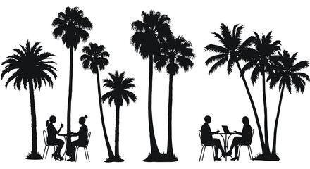 Silhouette scene of palm trees and people enjoying a seaside cafe