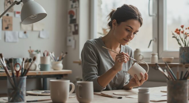Focused female artist painting a ceramic mug in her pottery studio. Creative woman decorating handmade earthenware. Hobby and small business craft concept.