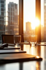 Conference room with glasses water on table, glowing in warm sunset light through tall office windows. Minimal modern scene representing corporate meetings, planning, leadership, business vision