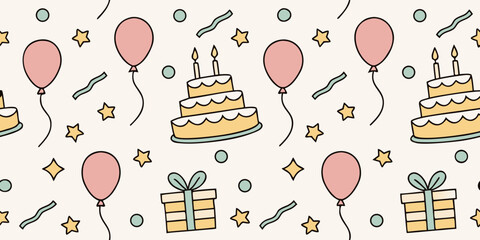 Seamless vector doodle pattern of balloons, cakes, candles, confetti, presents, and streamers with cheerful hand-drawn doodle lines