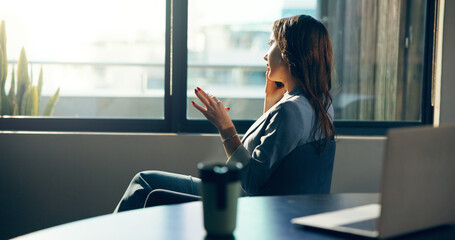 Phone call, window and businesswoman in office with networking, contact or communication for finance. Cellphone, professional and female financial director on mobile discussion for deal in workplace.