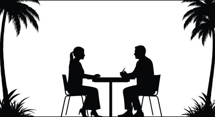 Silhouette of a couple enjoying a romantic dinner by palm trees