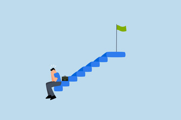 Fear of failure, downcast businessman quits solitary on staircase to achievement target.