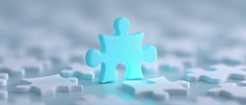 Standing out with a single blue puzzle piece among many white ones for concepts like solution finding and being unique - Powered by Adobe