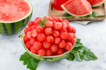 Fresh Watermelon Balls in Natural Bowl with Mint - Summer Fruit Dessert