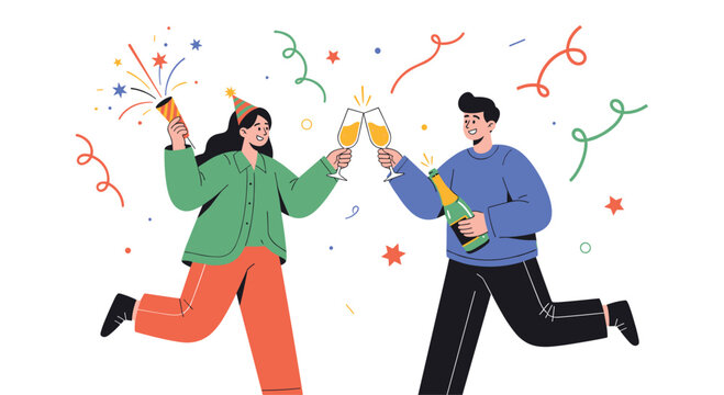 Excited couple celebrates a joyous occasion with confetti and champagne toast.
