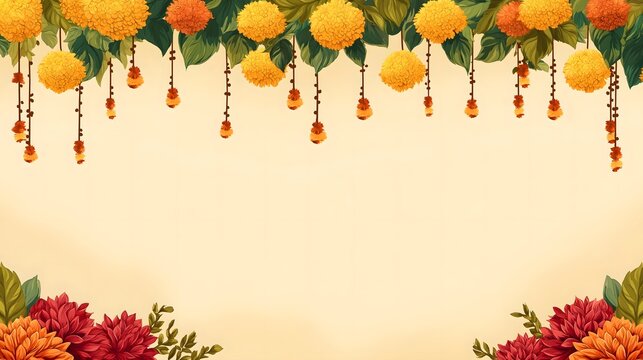 Traditional flower decoration and thoranalu for Vijayadashami and Dussehra festival celebrations with marigold garlands, festive floral backdrop, cultural temple decor, and devotional