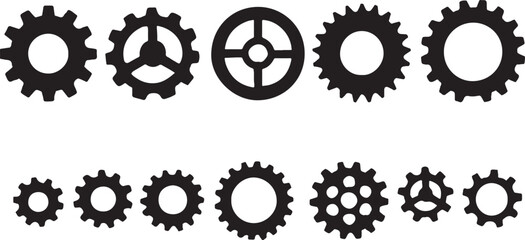 PrintCollection of black gears and cogs in various sizes and designs