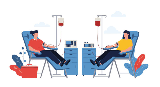 Two people donating blood in chairs with medical equipment and IV bags providing the life saving fluid.