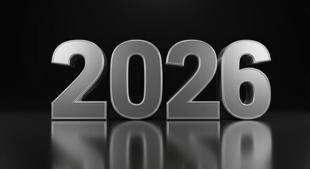 Bold metallic numbers 2026, projecting a modern and sophisticated new year's design, sit against a sleek black backdrop, reflecting in a dark surface.