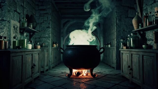 Mysterious potion brews in ancient stone kitchen with bubbling cauldron and rising steam