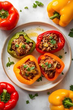 Stuffed Bell Peppers on Plate &ndash; Colorful Homemade Dish with Meat, Rice, and Melted Cheese