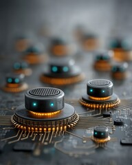 Futuristic glowing processor chips with sci fi circuit connections
