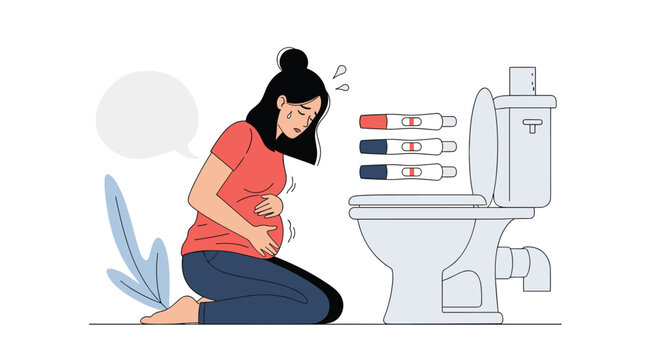 A pregnant woman feeling unwell while looking at pregnancy tests.