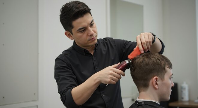 Professional barber giving a haircut to a male client with electric clippers. Hairstylist working in a modern salon. Men's grooming and personal care service.