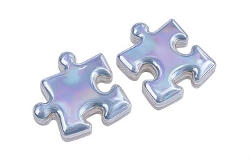 Fototapeta premium Two Shiny Metallic Jigsaw Puzzle Pieces on a White Background Representing Connection and Problem Solving Concept