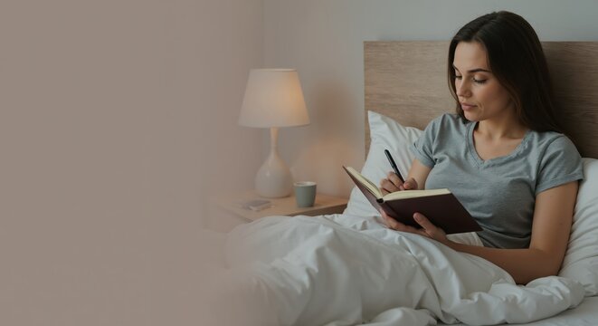 Young woman writing in a journal while sitting in bed. Cozy morning routine and self-care concept. Bedroom interior with copy space.
