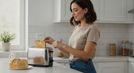 Woman making toast for breakfast in a modern kitchen. Person using a stainless steel toaster at home for a morning meal. Daily lifestyle routine.