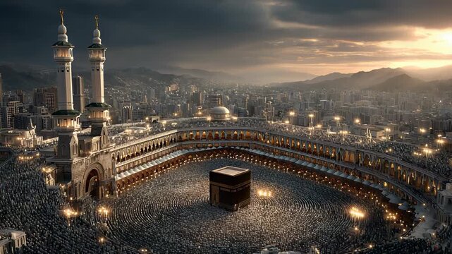Aerial View of Masjid al-Haram in Mecca, Saudi Arabia, Featuring the Holy Kaaba and Pilgrims During Hajj Season.