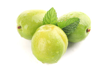 Fresh Green Xinjiang Pears with Mint Leaves on White Background