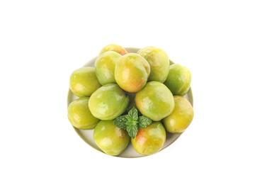 Fresh Green Apricots from Xinjiang in White Bowl on White Background