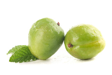 Fresh Green Asian Pears from Xinjiang with Water Droplets on White Background