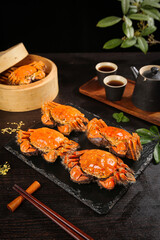 Fresh Yangcheng Lake Hairy Crabs Traditional Chinese Seafood Display with Tea and Bamboo Steamer