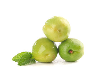 Fresh Green Plums with Mint Leaves on White Background