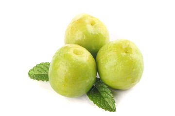 Fresh Green Xinjiang Pears with Mint Leaves on White Background - Healthy Organic Fruit