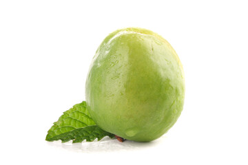 Large Green Pear with Mint Leaf from Xinjiang - Fresh Fruit on White Background