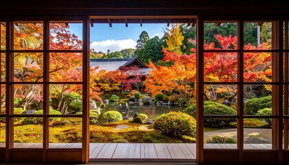 Autumn Garden View Through Shoji