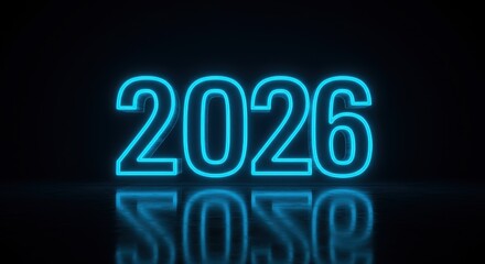 Bright neon blue numbers 2026 display a bold, modern, and futuristic presentation against a dark, reflective background.