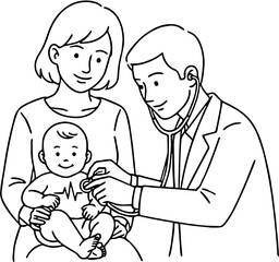 Pediatrician examining a happy baby held by its mother during a routine check-up, symbolizing healthcare and infant well-being and growth