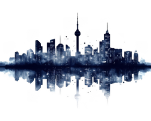 Mirrored city skyline reveals vibrant reflections across the water on transparent background