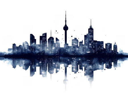 Mirrored city skyline reveals vibrant reflections across the water on transparent background